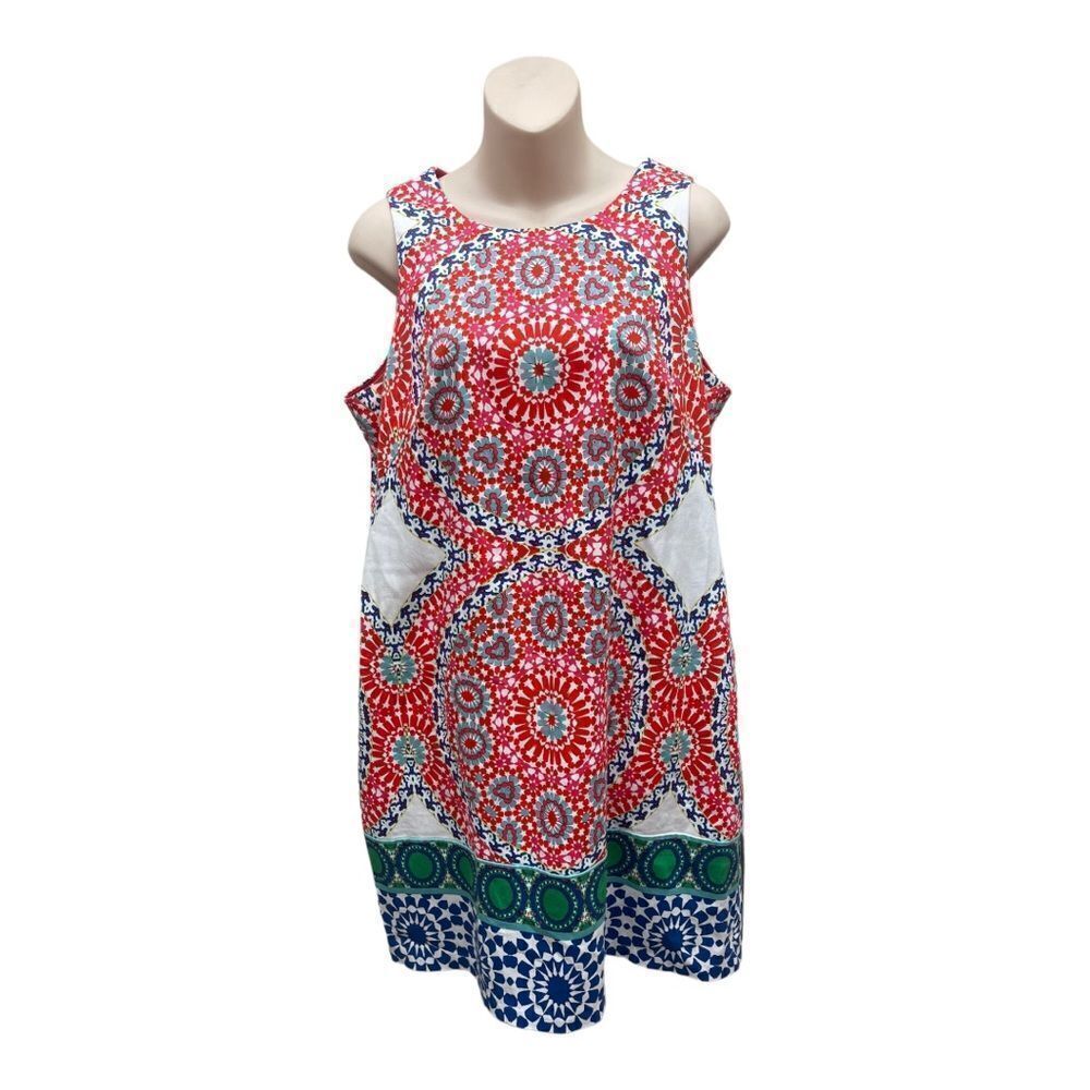 London Times Size 14 Bohemian Shift Dress Red White Green Floral Sleeveless